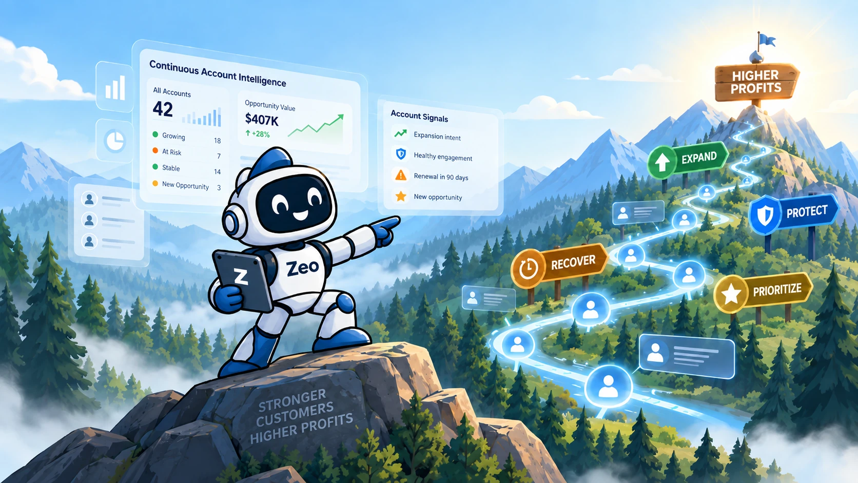 Zeonext AI Profit Agent guiding customer accounts toward Recover, Protect, Expand, and Prioritize opportunities